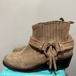 DIESEL Taupe Suede Square Toe Harness Western Ankle Boots Size 38